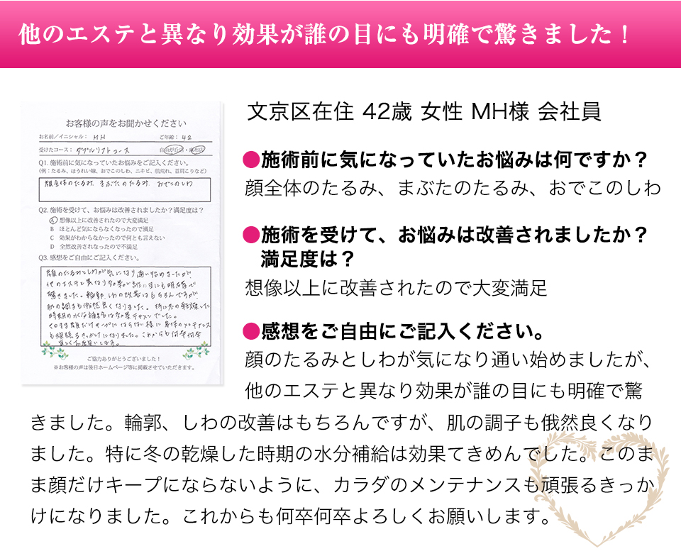 他のエステと異なり効果が誰の目にも明確で驚きました！