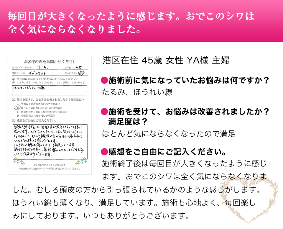 毎回目が大きくなったように感じます。おでこのシワは全く気にならなくなりました。