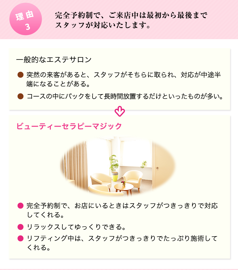 完全予約制で、ご来店中は最初から最後までスタッフが対応いたします。